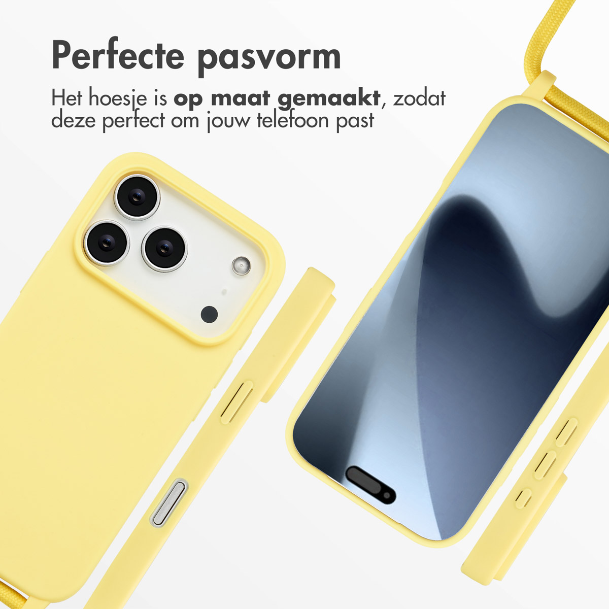 Gelbe Handyhüllen mit Displayschutzfolie, gelbem Band und weißem Hintergrund. Niederländischer Text: 'Perfekte Passform'.