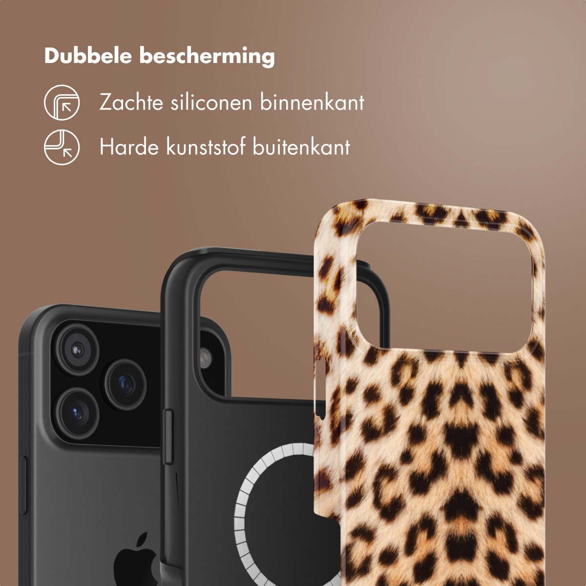 Drie telefoonhoesjes worden getoond, één zwart, één zwart met een witte cirkel en één met een luipaardprint.