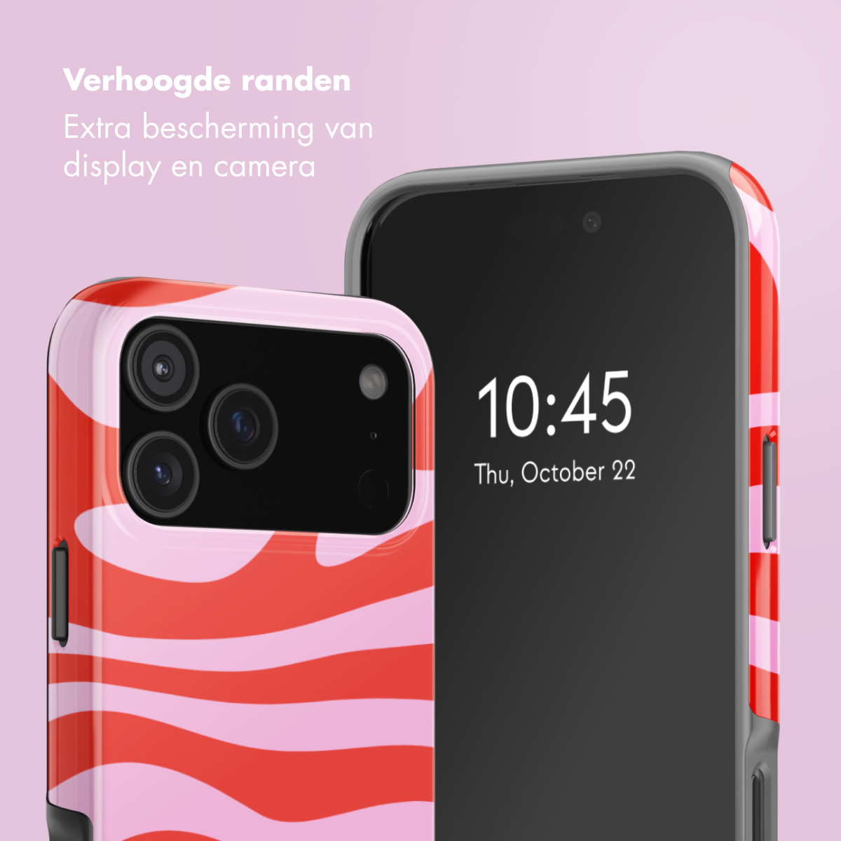 Twee smartphones met hoesjes. Eén heeft een rood en roze golfpatroon, de ander heeft een zwart scherm met tijd en datum.