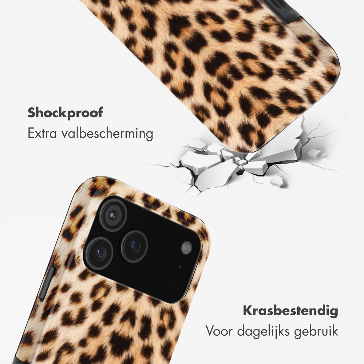 Twee telefoonhoesjes met luipaardprint. Eén is kapot, de andere intact. Tekst zegt 'Schokbestendig' en 'Krasbestendig'.