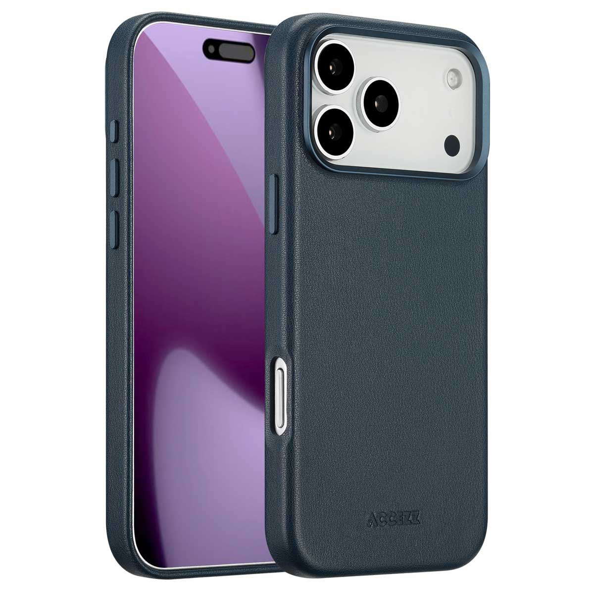 Un étui de téléphone bleu foncé avec une texture cuir, protégeant un téléphone à écran violet. L'étui a une découpe caméra et le nom de la marque.