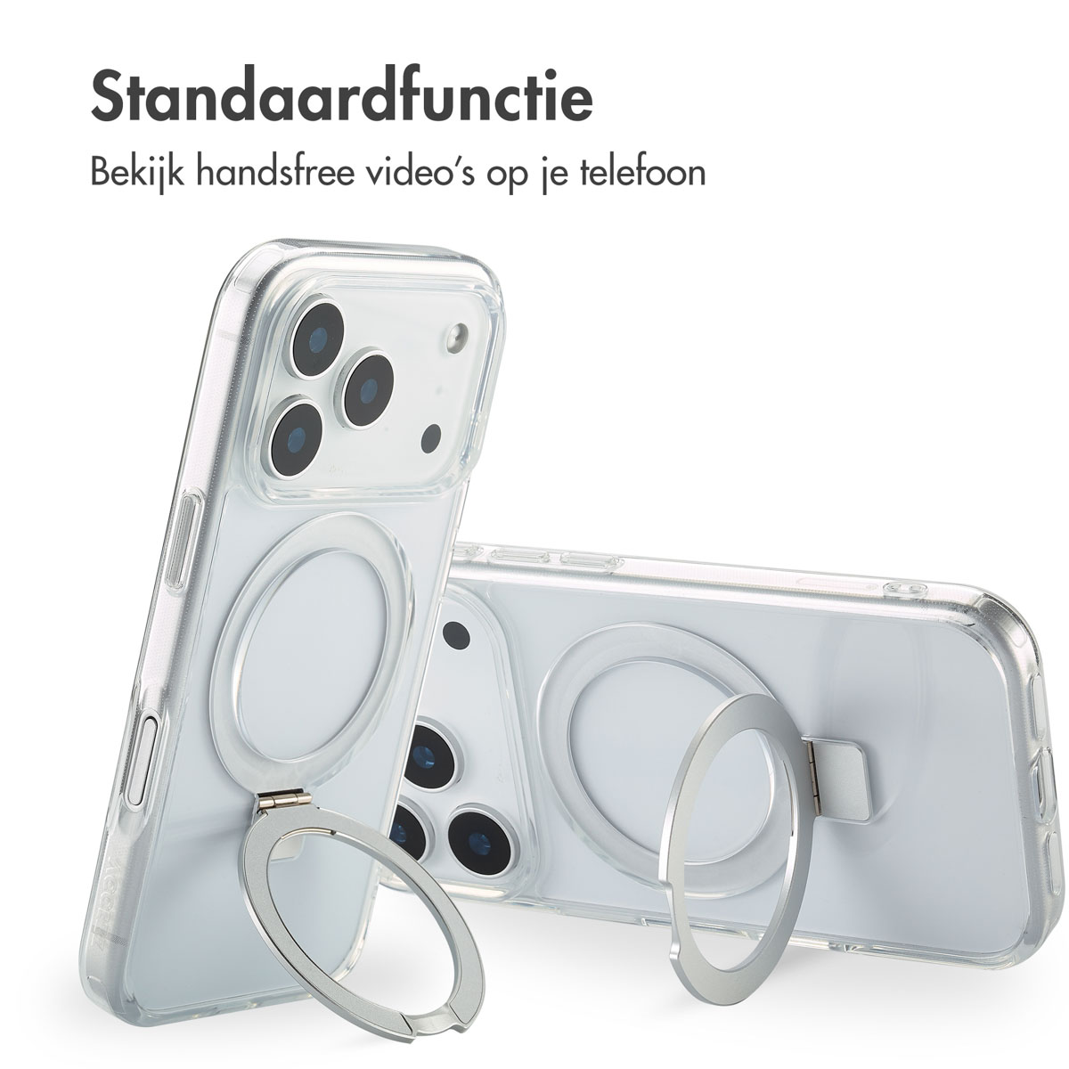 Zwei klare Handyhüllen mit silbernen Ringen. Eine steht aufrecht, die andere liegt. Text im Hintergrund lautet: „Standardfunktion“.