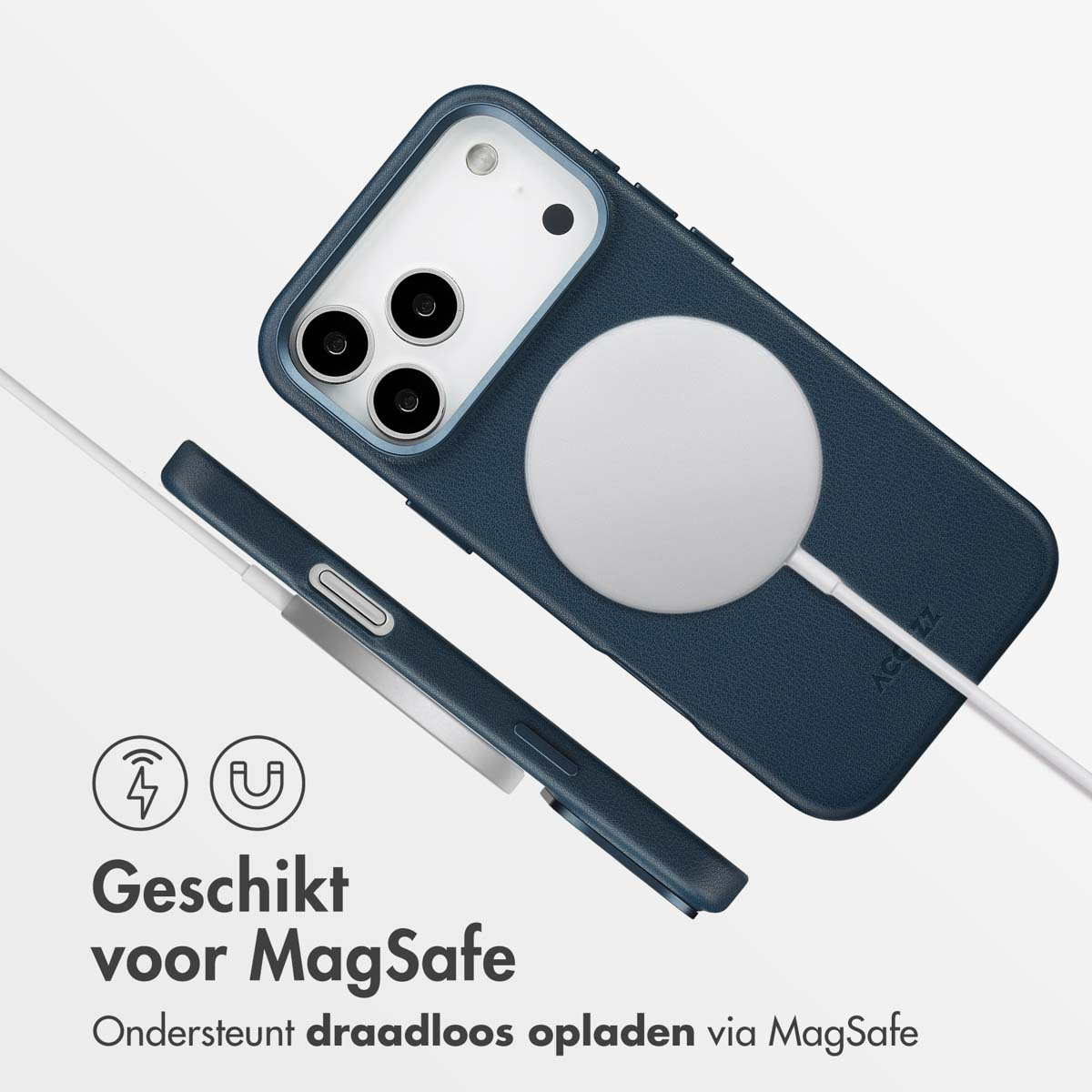 Une coque de téléphone bleue avec un chargeur MagSafe blanc et un téléphone. Texte: Compatible MagSafe, Prend en charge la charge sans fil via MagSafe.