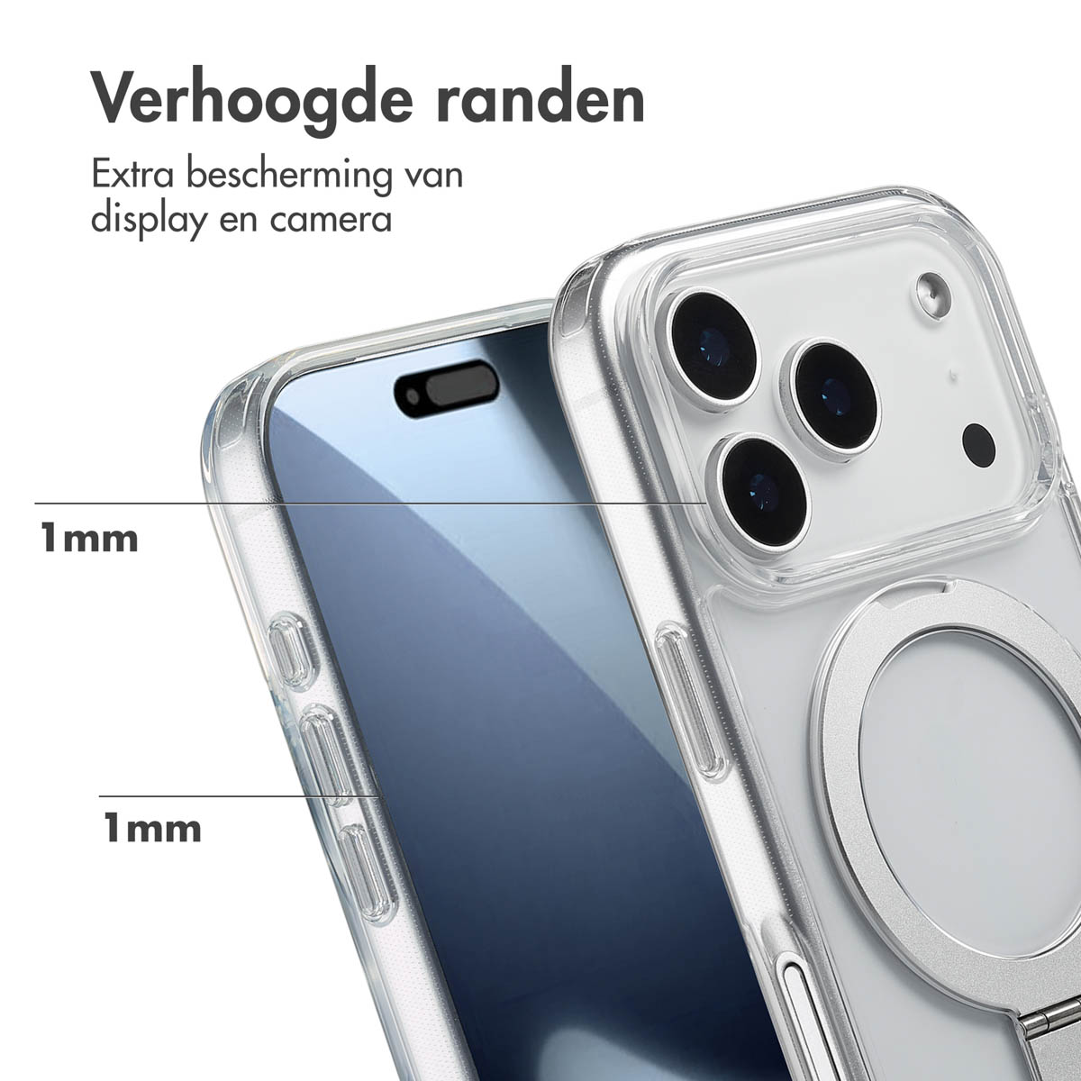 Transparente Handyhülle mit erhöhten Rändern, die Display und Kamera schützen. Text zeigt 1 mm Schutz.