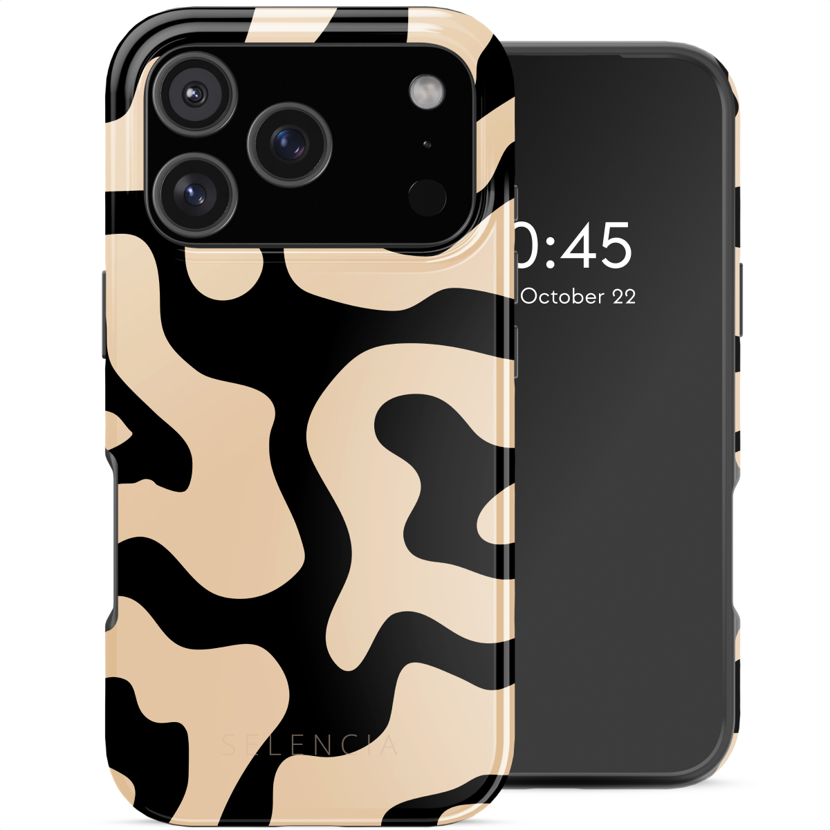 Een telefoon met een zwart-beige patroonhoesje. Het scherm van de telefoon toont de tijd en datum. Op het hoesje staat 'Selencia'.
