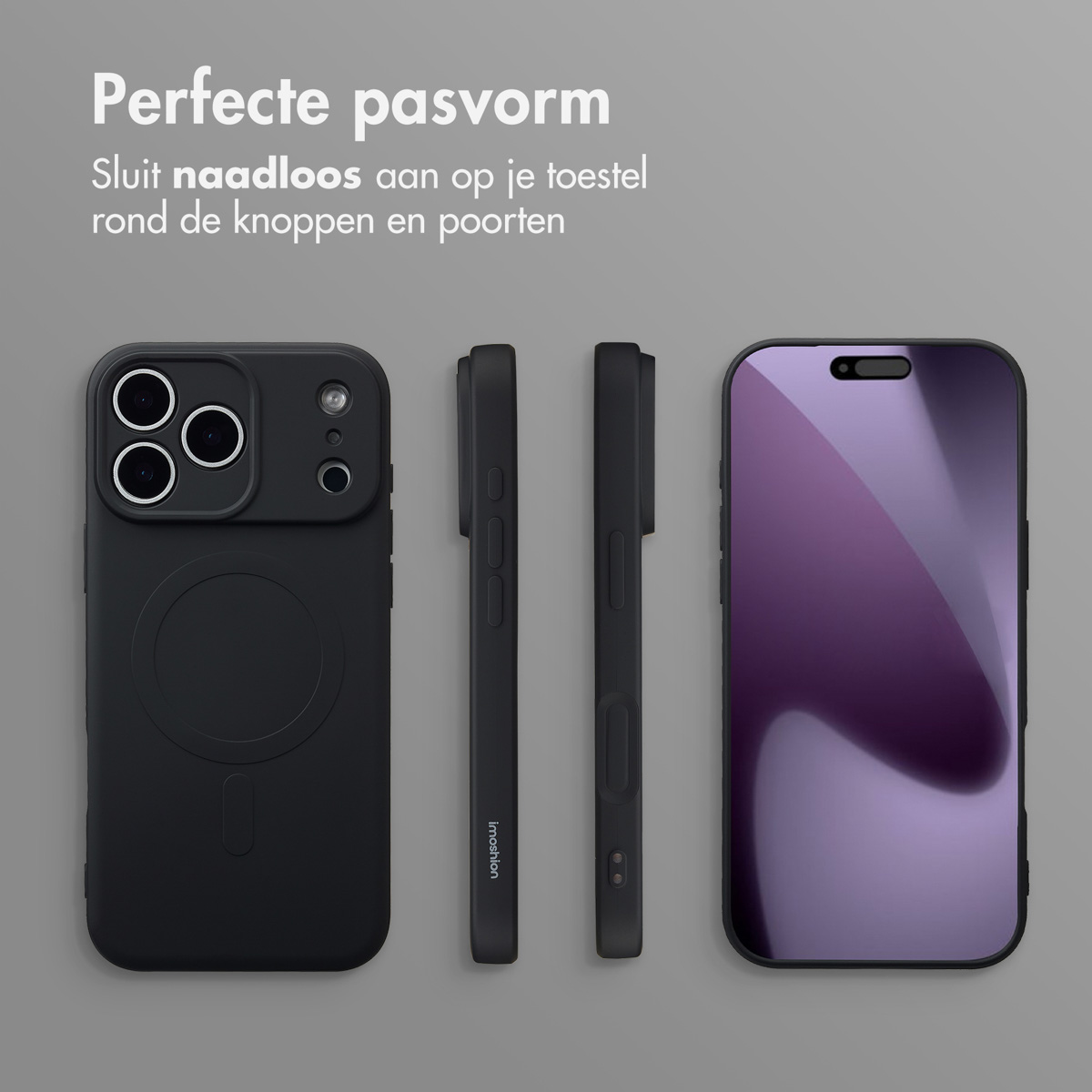Afbeelding toont telefoonhoesjes en een telefoon. De hoesjes zijn zwart. Tekst zegt 'Perfecte pasvorm'.