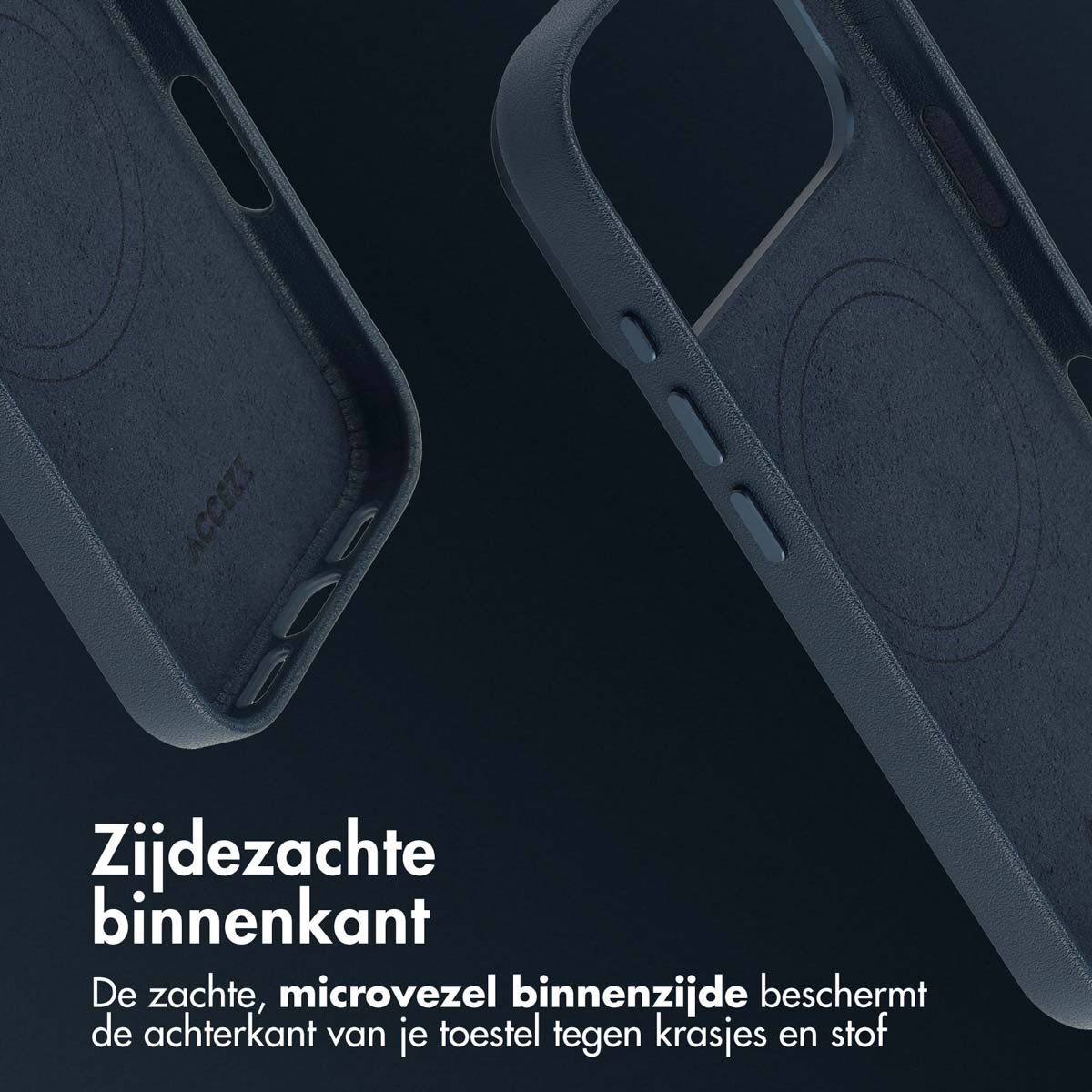 Gros plan sur une coque de téléphone bleu foncé. L'intérieur en microfibre douce protège le téléphone de la poussière et des rayures. La marque ACCEZI est visible.