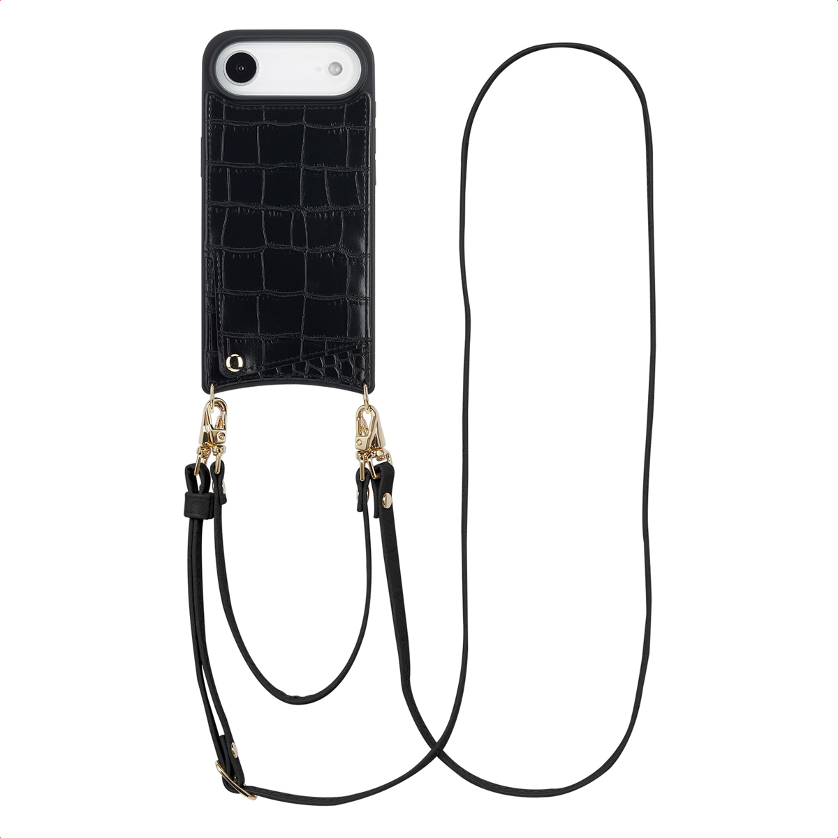 Een zwarte telefoonhoes met textuur en een bandje. De hoes heeft gouden sluitingen en een zwart koord. Witte achtergrond.