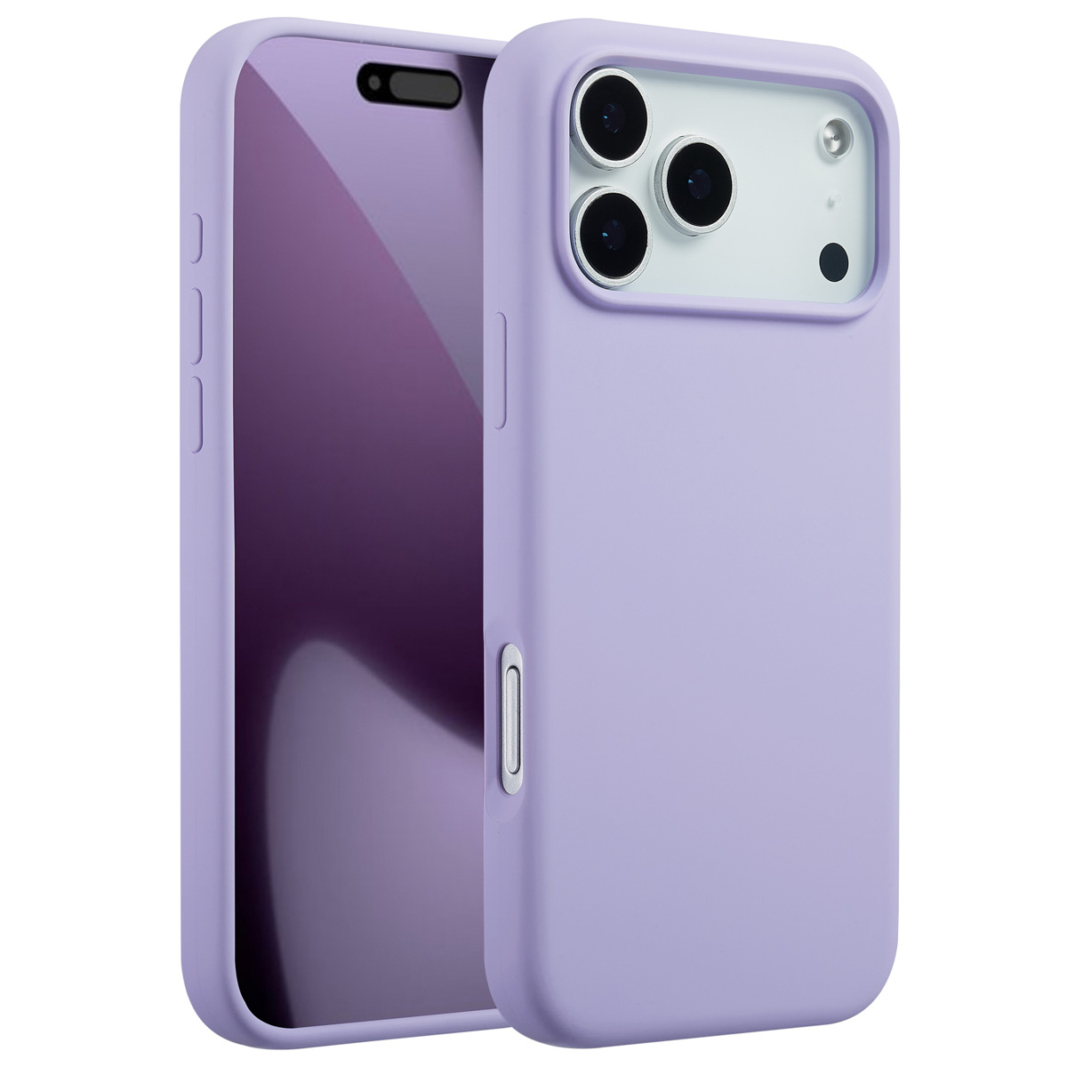 Une coque de téléphone violet clair avec un protecteur d'écran. La coque a trois objectifs et un flash. L'écran est sombre.