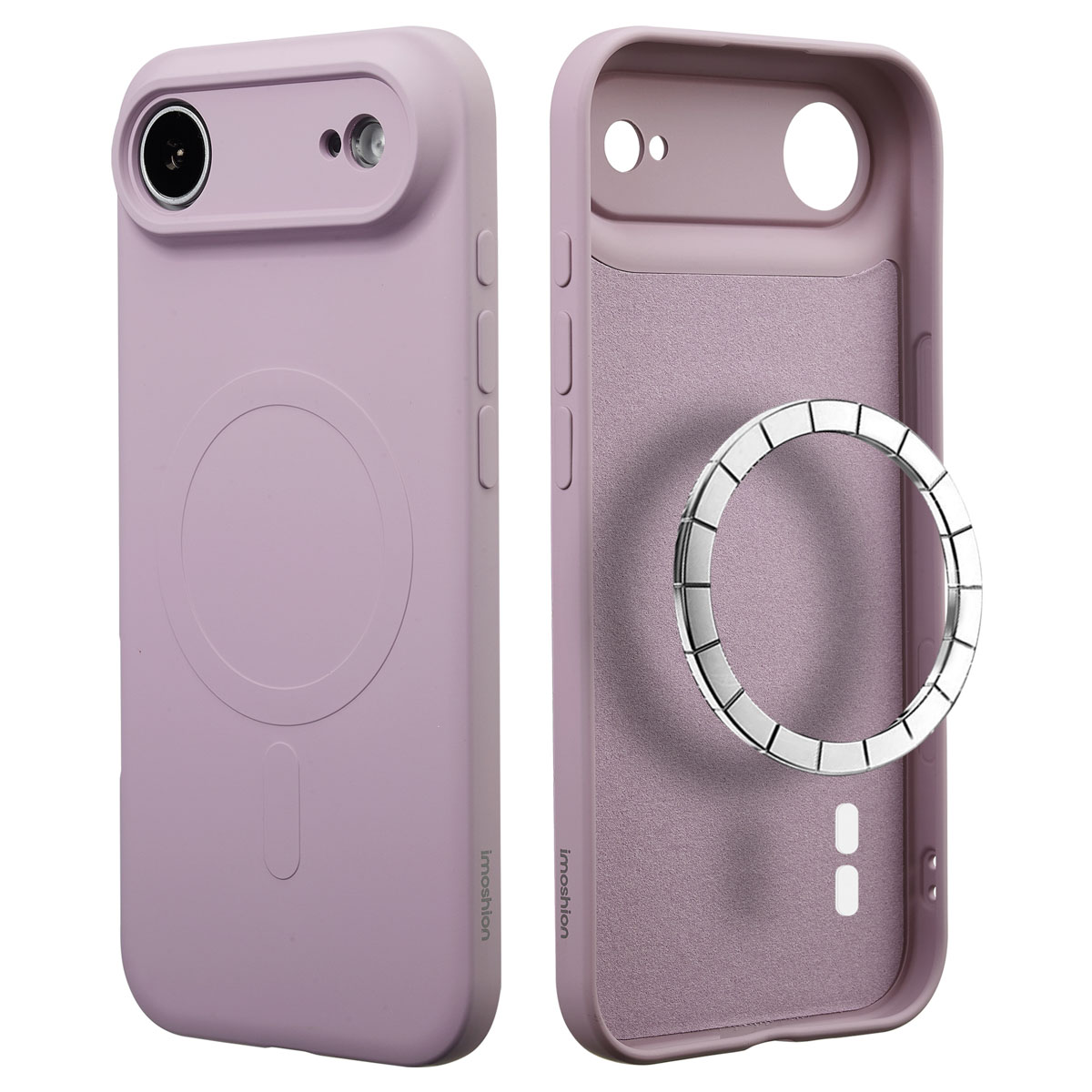 Deux coques de téléphone lavande, une avec zone caméra, l'autre avec anneau argenté et intérieur texturé.
