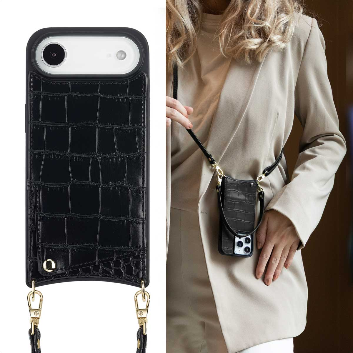 Een vrouw in een beige blazer houdt een zwarte telefoonhoes met een riem vast. De hoes heeft een krokodillenpatroon en gouden hardware.