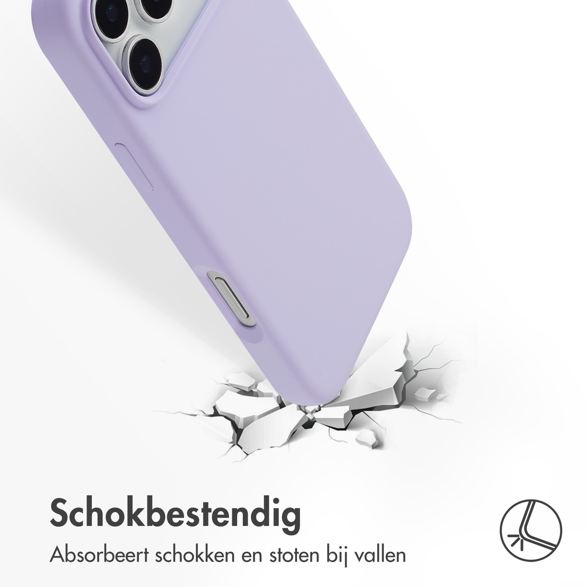 Un étui de téléphone lilas est montré, apparemment tombé, l'impact faisant craquer le sol en dessous. L'étui est incliné.