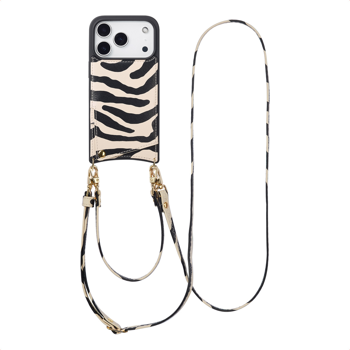 Telefoonhoesje met zebraprint, bevestigd aan een riem. Zwart-wit ontwerp met gouden sluitingen. Telefoon is zwart.