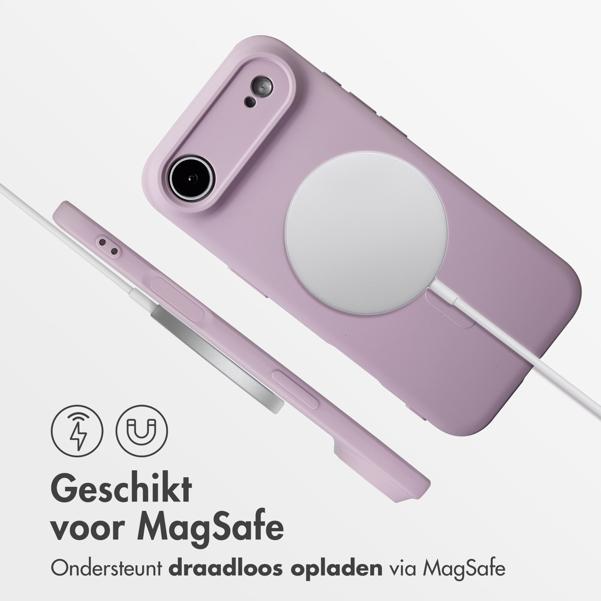 Un étui de téléphone violet avec un chargeur MagSafe blanc. Un câble blanc connecte le chargeur. Le texte indique qu'il prend en charge la charge sans fil.