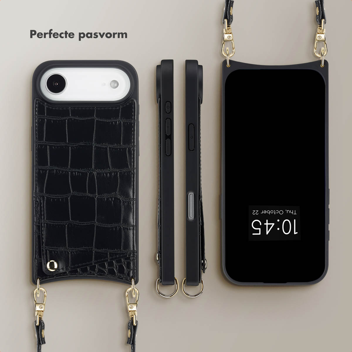 Zwarte telefoonhoesjes met een bandje worden getoond. Een hoesje heeft een textuurpatroon. Er is ook een telefoon met de tijd weergegeven.