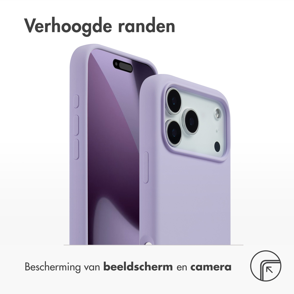Deux coques de téléphone violettes, une avec un téléphone à l'intérieur. Texte : 'Bords surélevés' et 'Protection écran et caméra'.