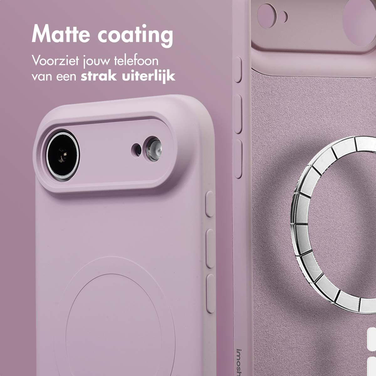 Gros plan d'une coque de téléphone lilas avec une finition mate. La coque a une découpe pour l'appareil photo et un anneau argenté.