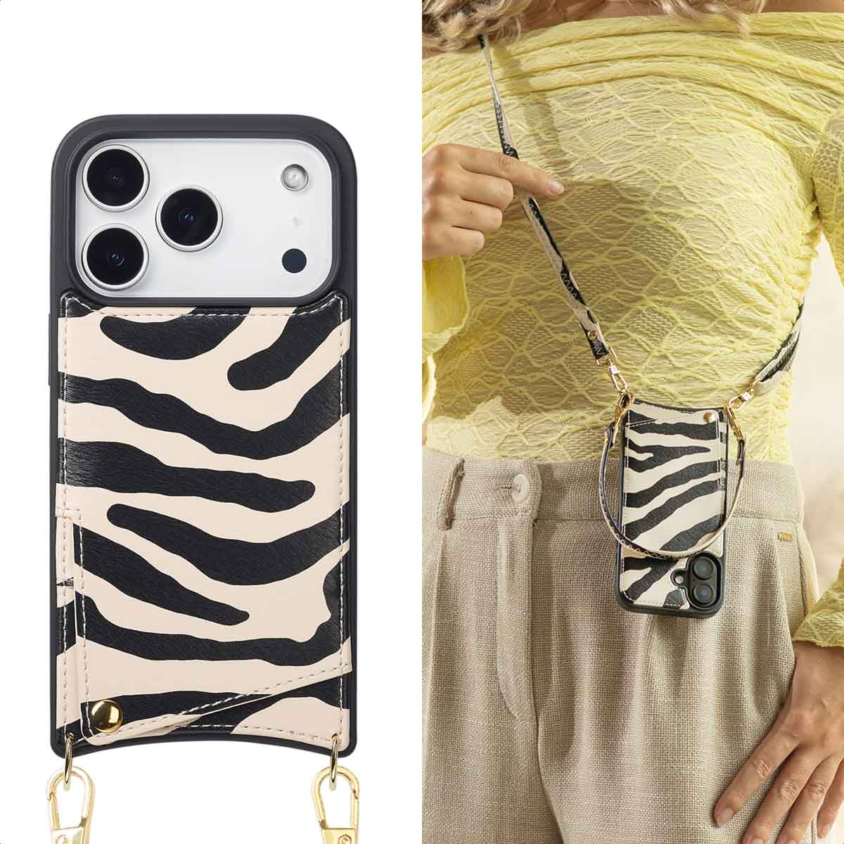 Een vrouw houdt een telefoonhoesje met zebraprint vast, een telefoonhoesje met een bandje, het hoesje zit op een lichtgeel shirt.