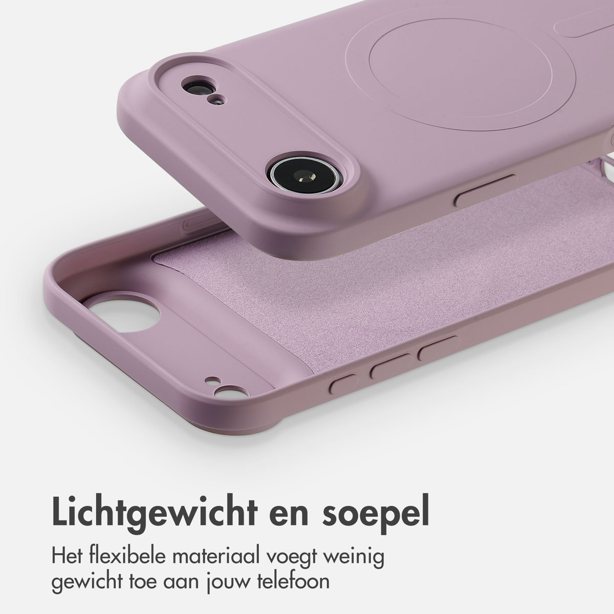 Un étui de téléphone violet clair, en deux parties, est présenté sur fond blanc. Le texte 'Lichtgewicht en soepel' est en bas.