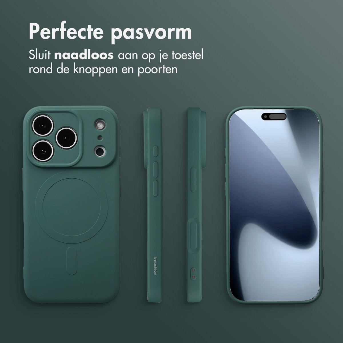 Productfoto van een groene telefoonhoes, met verschillende hoeken en een telefoonscherm. Tekst: 'Perfecte pasvorm'.
