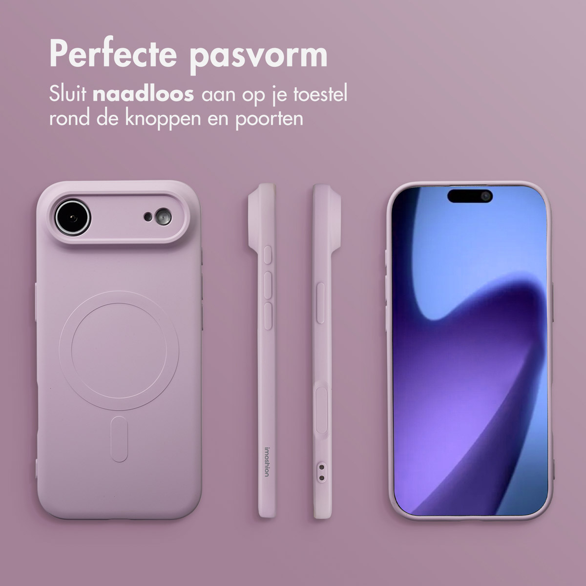 Un étui et un téléphone lavande sont affichés. Les composants de l'étui sont présentés séparément, et le téléphone a un fond violet.