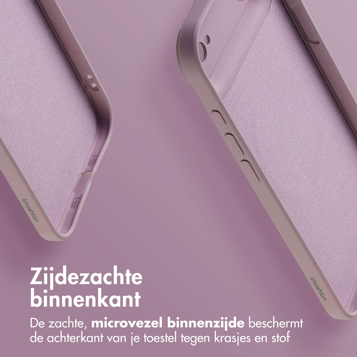 Deux coques de téléphone violet clair sont présentées. Les coques ont un intérieur en microfibre douce. Le texte décrit les qualités protectrices.