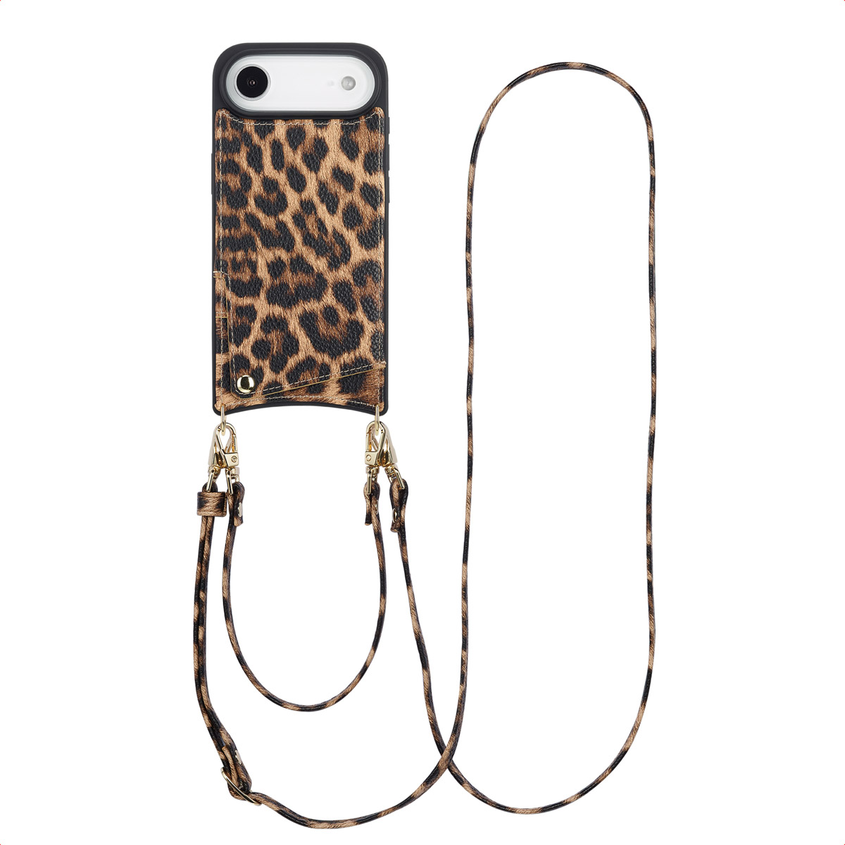Une coque de téléphone avec imprimé léopard et un cadre noir. Elle a une sangle avec des fermoirs dorés et une longue sangle léopard assortie.