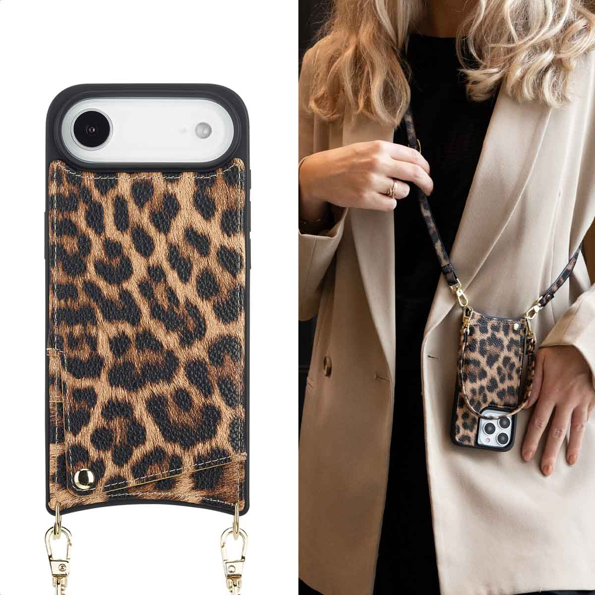 Une femme tient un téléphone dans un étui à imprimé léopard. L'étui a une chaîne dorée, la femme porte un blazer beige et une chemise noire.