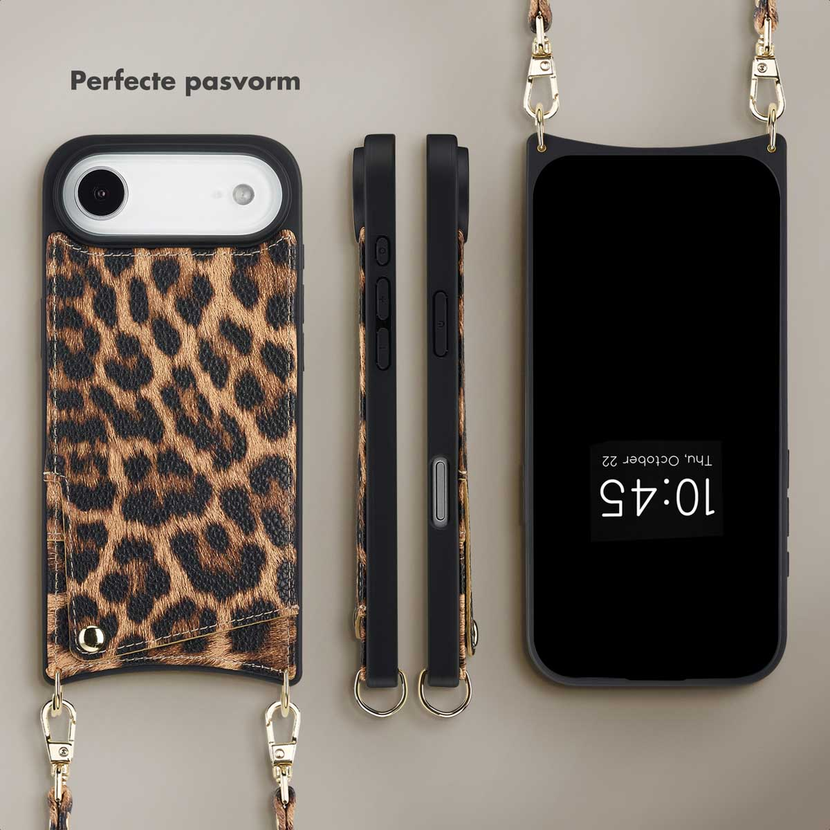 Un étui de téléphone avec un motif léopard est affiché à côté du téléphone. Il a une sangle et un bord noir et un écran affichant l'heure.