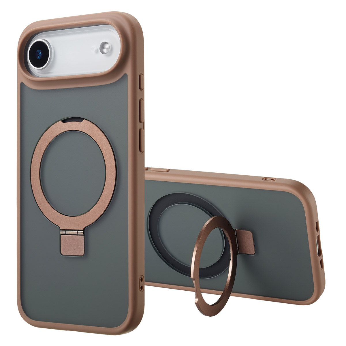 Deux coques de téléphone. Une verticale, l'autre inclinée. Les deux ont un anneau or rose et un cadre assorti. L'étui est vert mat.