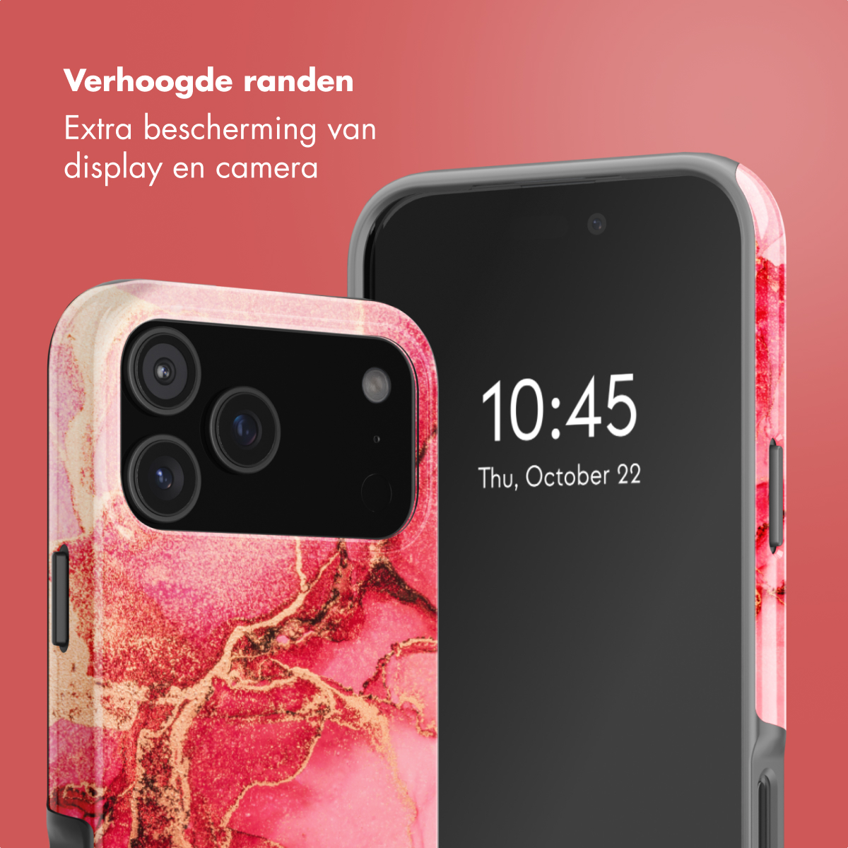 Twee smartphones in hoesjes. Eén met een roze en gouden patroon, de andere met de tijd: 10:45, 22 oktober.