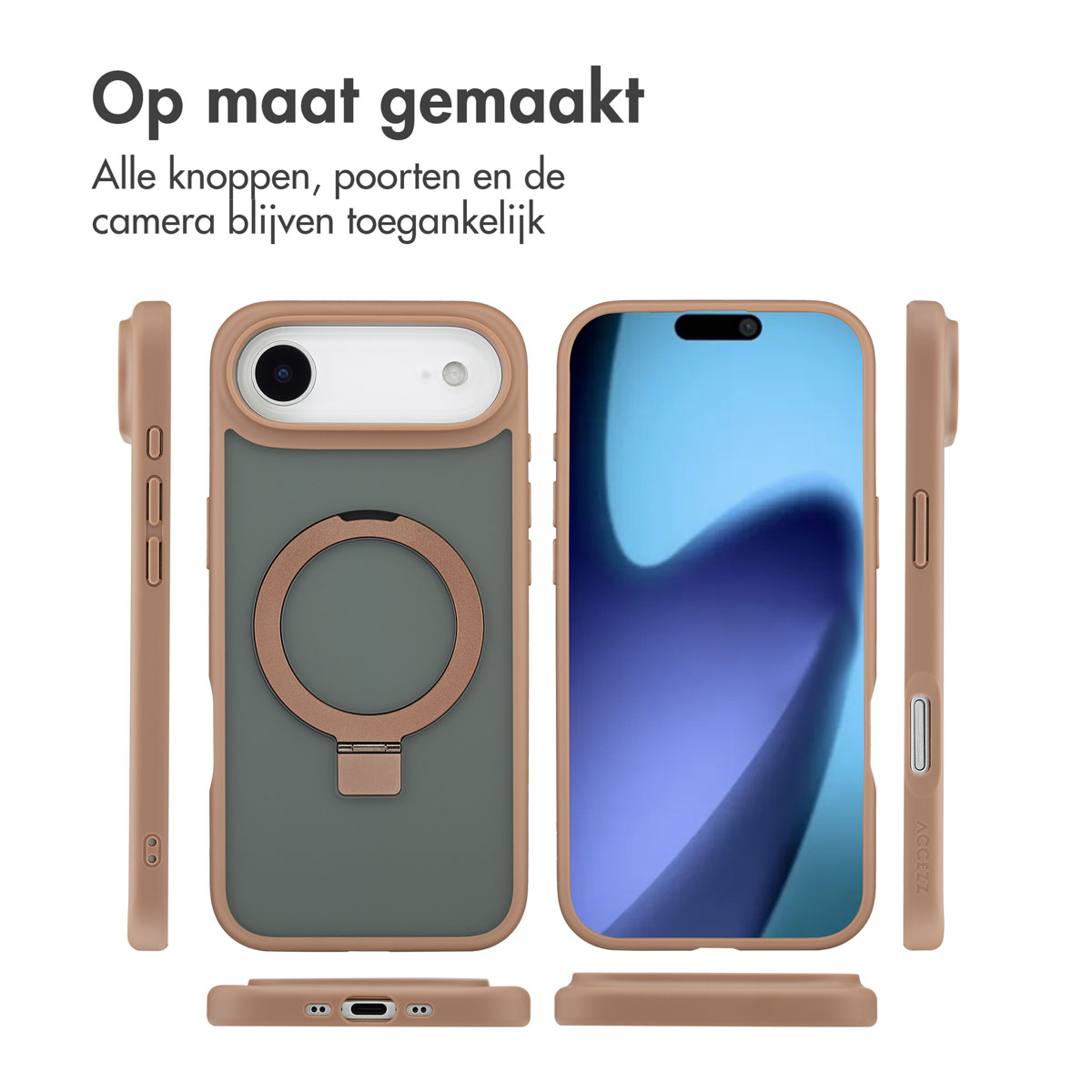 Photo de produit de coques de téléphone. Trois coques sont présentées, deux avec un téléphone à l'intérieur et la troisième seule. Elles ont un anneau à l'arrière.