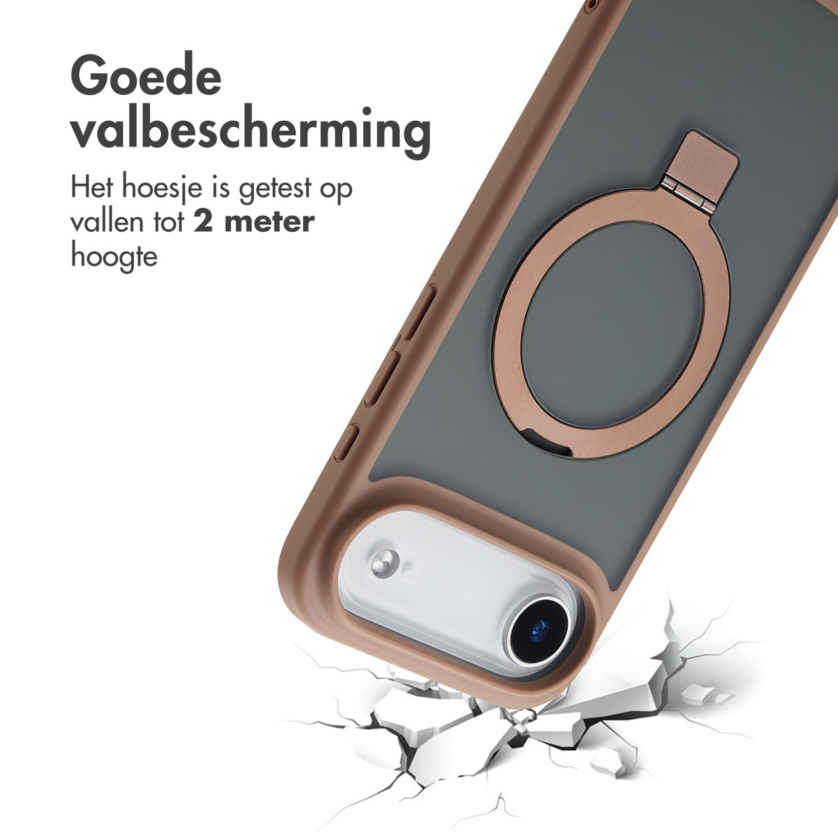 Une coque de téléphone avec un support en anneau est montrée. La coque est marron et grise, avec du texte indiquant une protection contre les chutes jusqu'à 2 mètres. Le fond est blanc.
