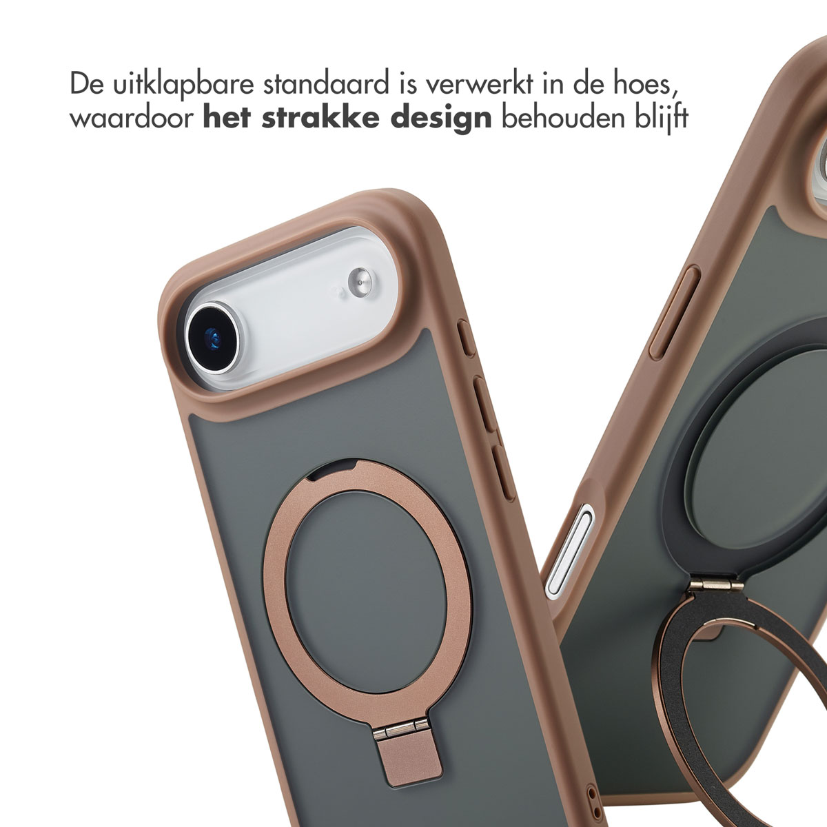 Deux étuis de téléphone avec supports d'anneau. Un étui montre un support d'anneau fermé, l'autre un support d'anneau ouvert. Les étuis sont marron et gris.