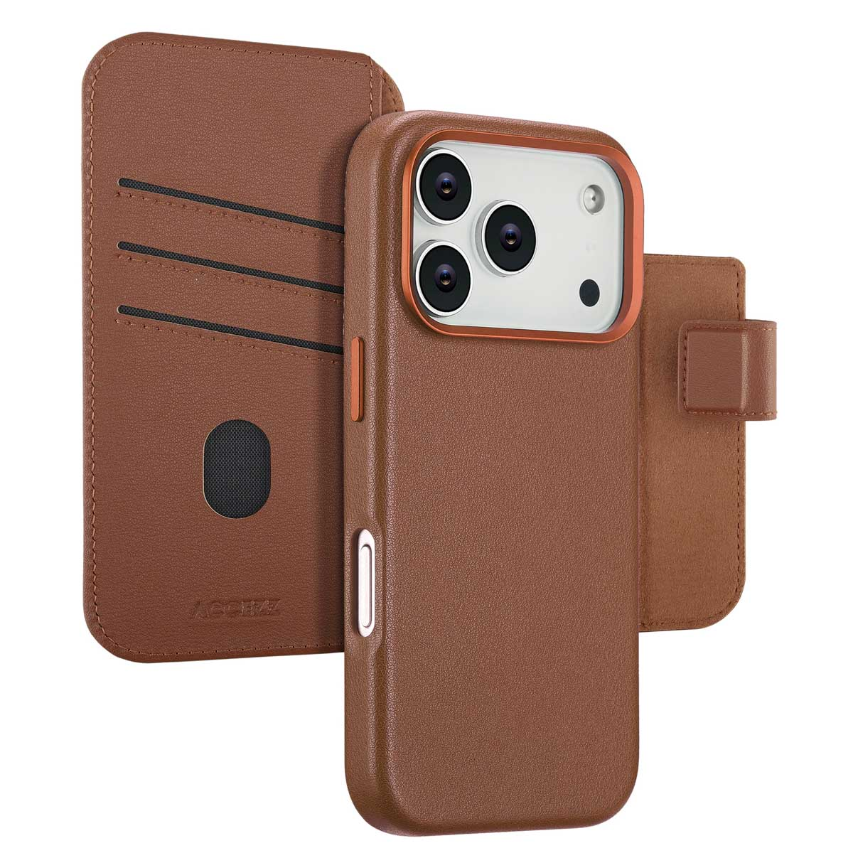 Bruine leren telefoonhoes met portemonnee. De hoes is open en toont telefoon- en kaartsleuven. Oranje accent.