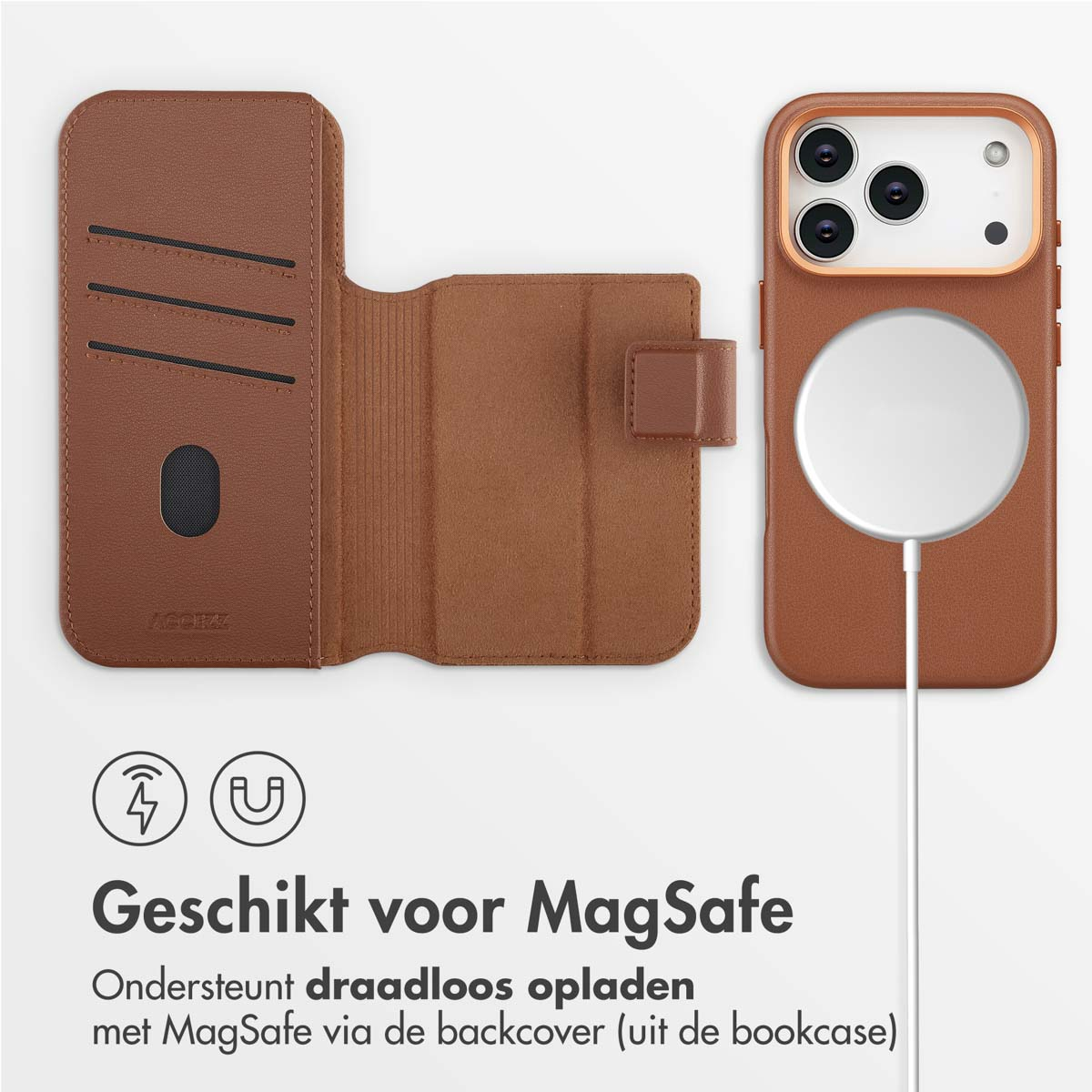 Bruine telefoonhoes met MagSafe-oplader en portemonnee-etui. Tekst: 'Geschikt voor MagSafe' en 'draadloos opladen'.