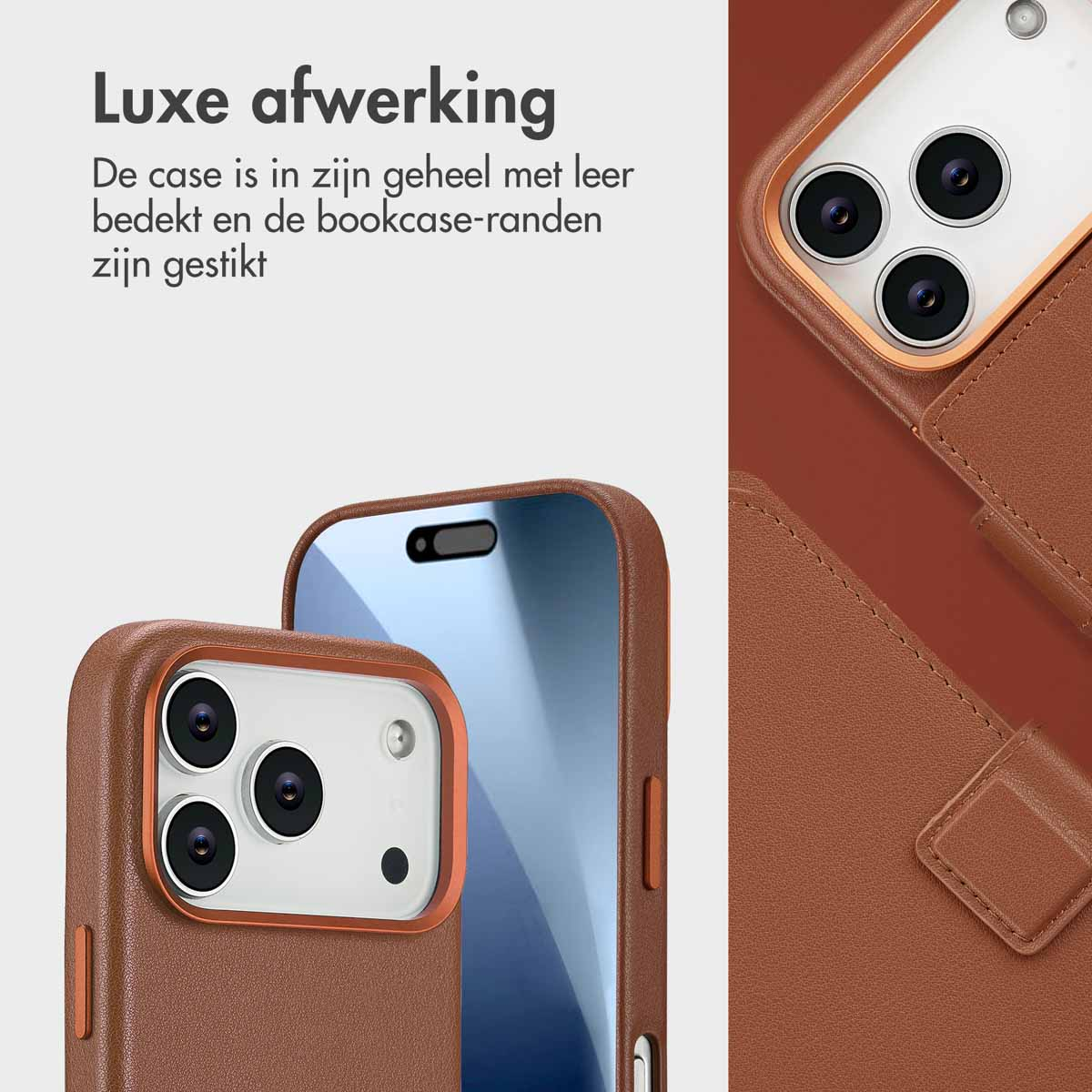Bruine leren telefoonhoesjes. Eén open, met cameralenzen. Eén gesloten, met sluiting. Tekst: 'Luxe afwerking'.
