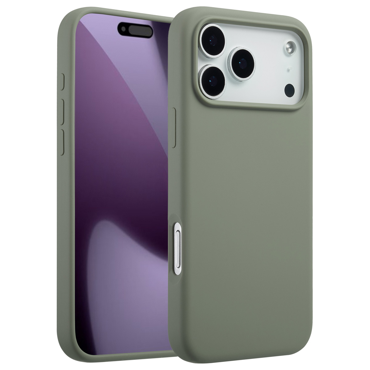 Een olijfgroene telefoonhoes met een telefoon erin. De telefoon heeft een paars scherm. De hoes heeft uitsparingen voor de camera.