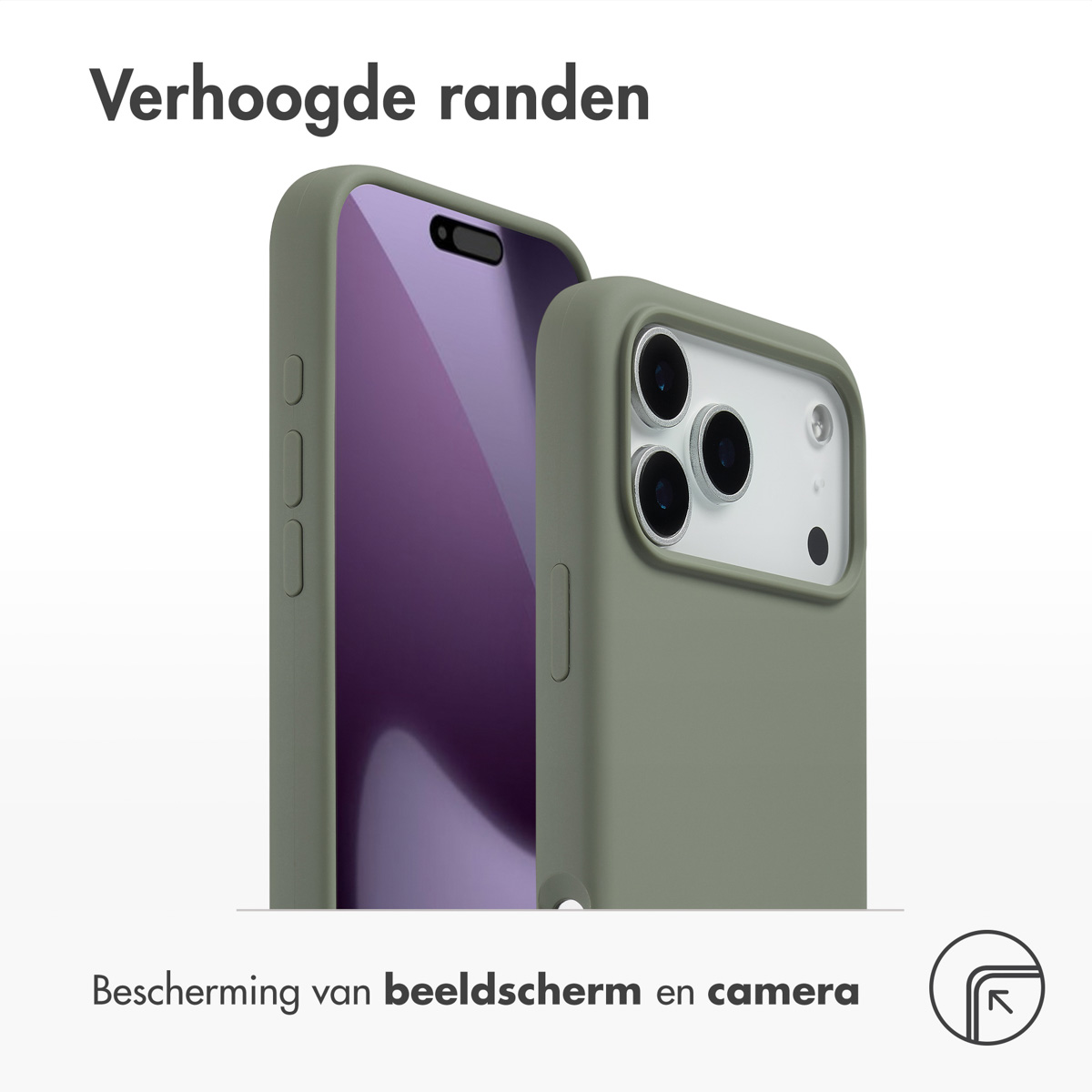 Een telefoon in een groene hoes. Het telefoonscherm is paars. Boven staat 'Verhoogde randen'. Onderaan staat 'Scherm- en camerabescherming'.