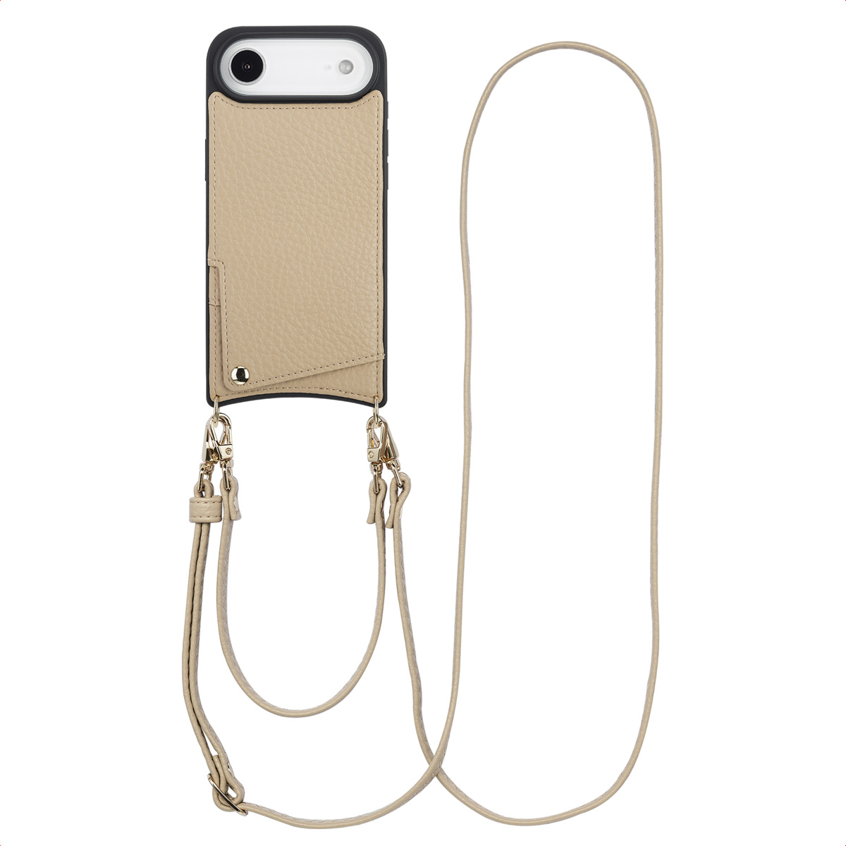 Un étui de téléphone en cuir beige avec une sangle. L'étui a un cadre noir et un objectif. La sangle est longue et fine.