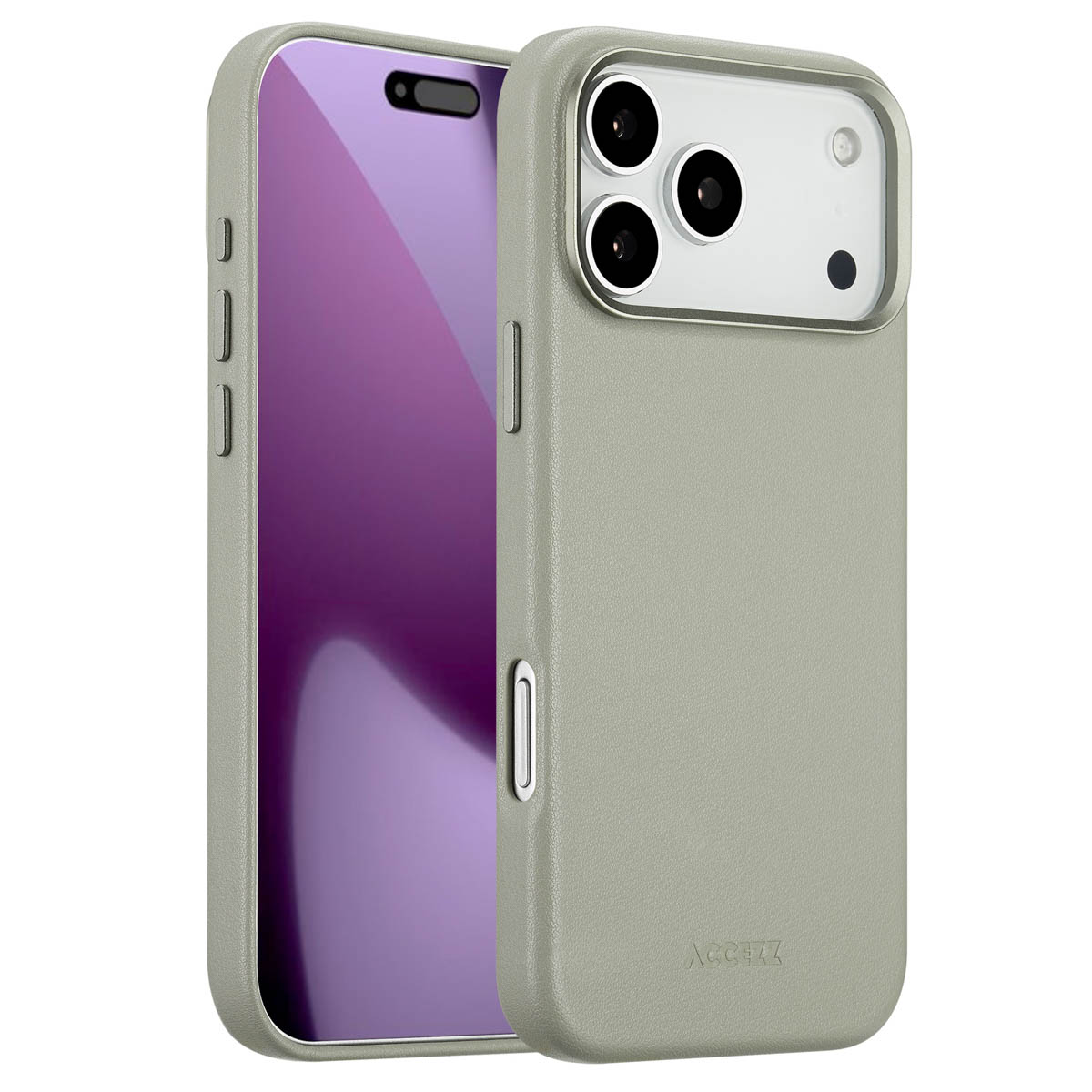 Een telefoonhoesje met een telefoon erin. De hoes is lichtgroen, het telefoonscherm is paars. De cameramodule heeft drie lenzen.
