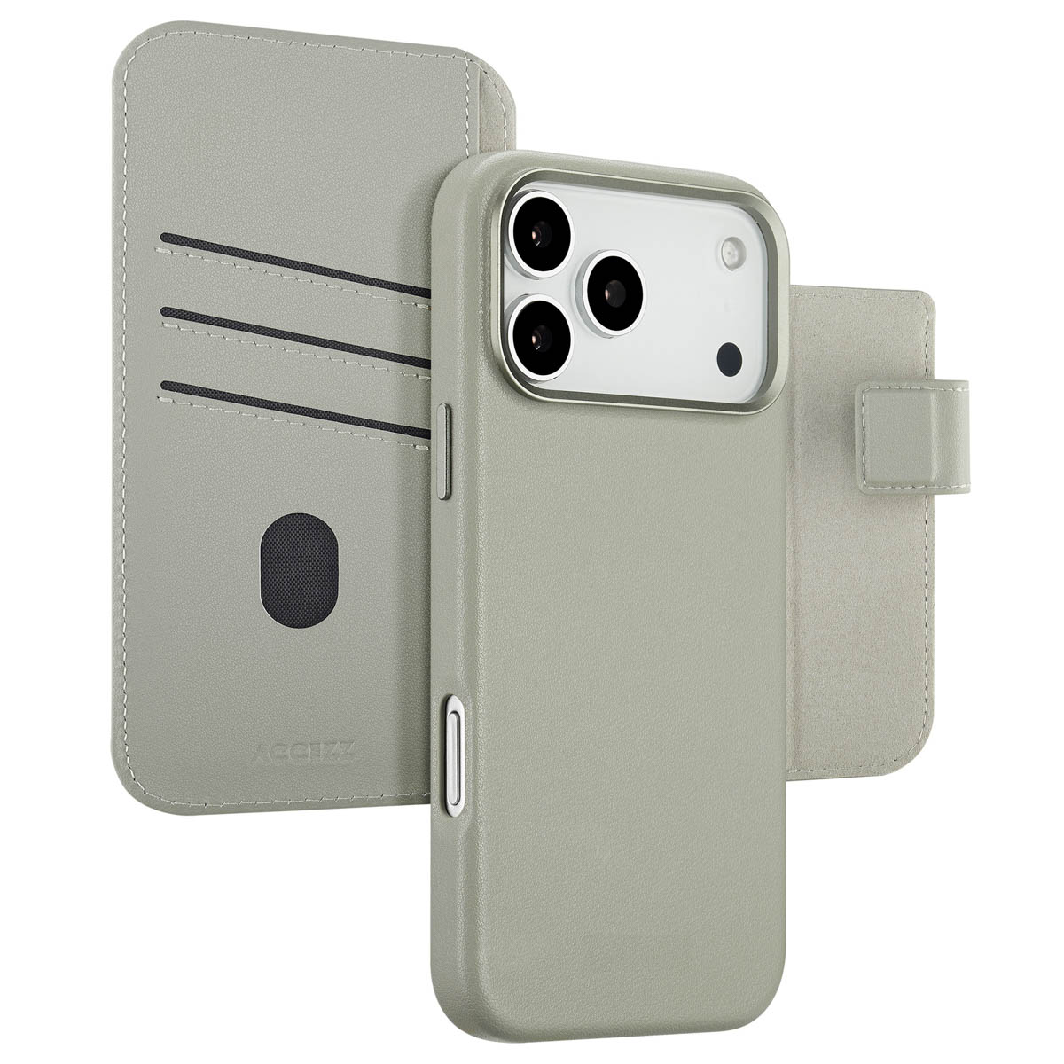 Een lichtgroene telefoonhoes met een portemonnee-functie. Het heeft een uitsparing voor de camera met drie lenzen. De portemonnee heeft kaartsleuven.