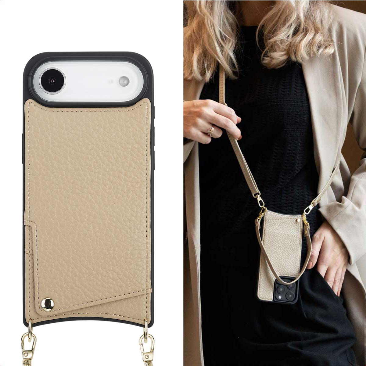 Une femme tient un étui de téléphone. L'étui est beige avec un bord noir et une sangle. La femme porte un haut noir et un manteau beige.
