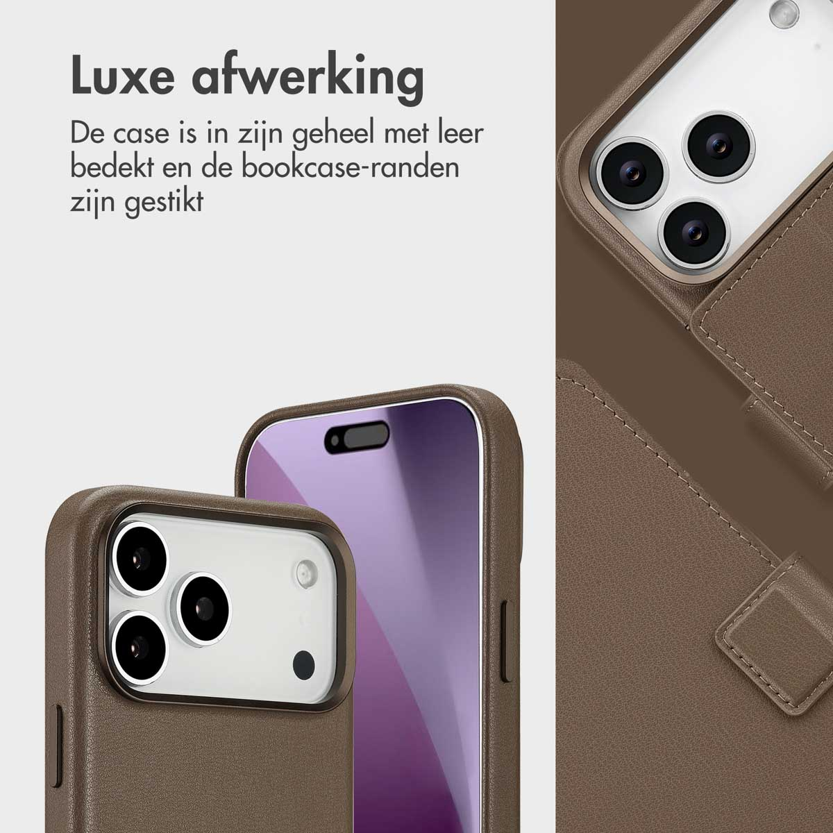 Close-up van bruin lederen telefoonhoesjes. Eén toont de achterkant met camera's, de andere het scherm. Tekst luidt 'Luxe afwerking'.