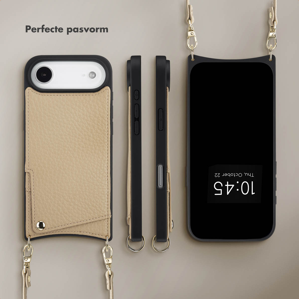 Un étui de téléphone avec un portefeuille en cuir beige attaché, avec un téléphone noir indiquant l'heure. Deux étuis de téléphone noirs sont sur le côté.