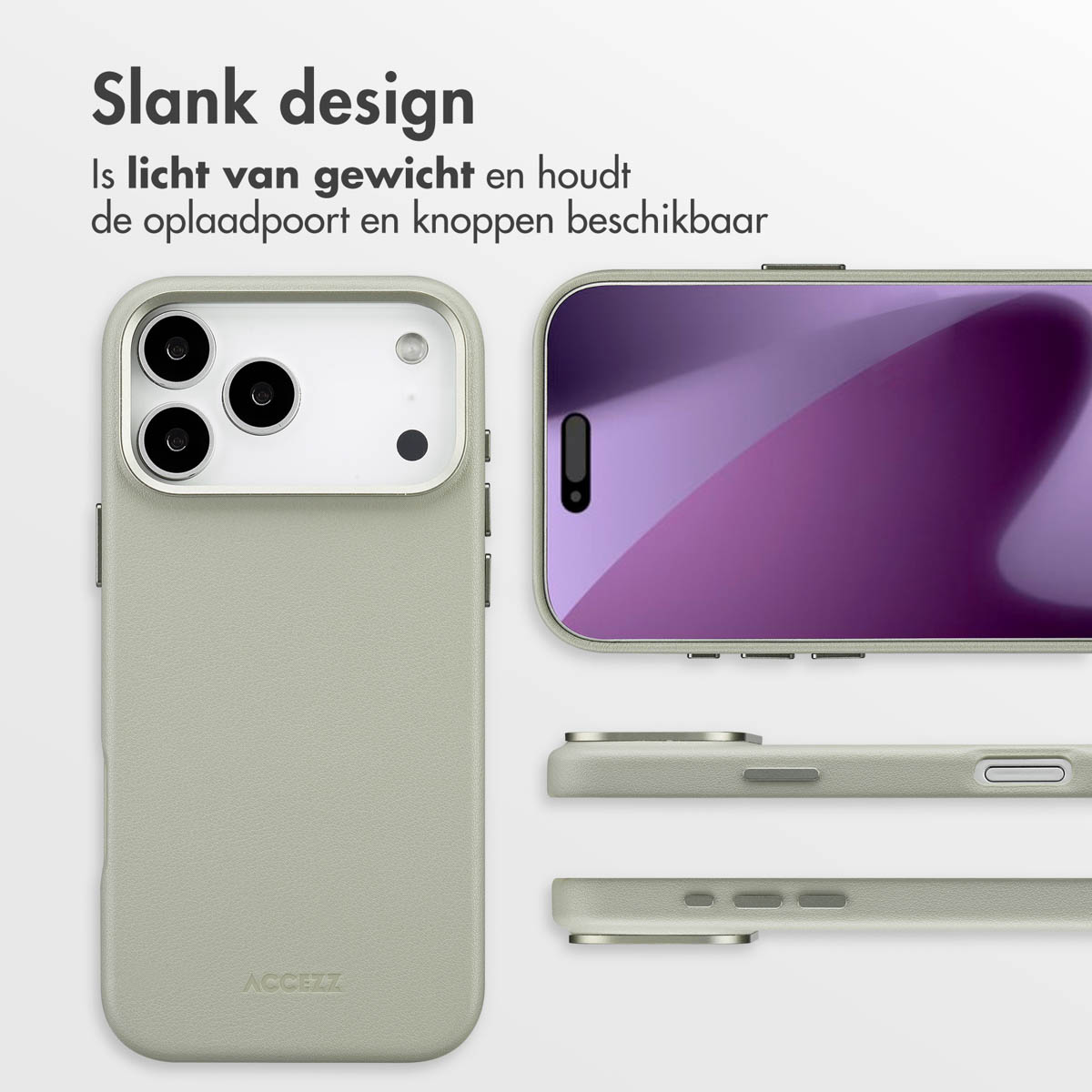 Telefoonhoesje met schermbeschermer, met de telefoon en zijaanzichten. De hoes is lichtgroen, het telefoonscherm paars.