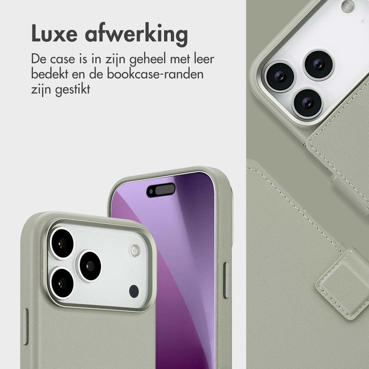 Close-up van telefoonhoesjes. Eén toont cameralenzen, andere de leertextuur en stiksels. De achtergrond is zachtgrijs.