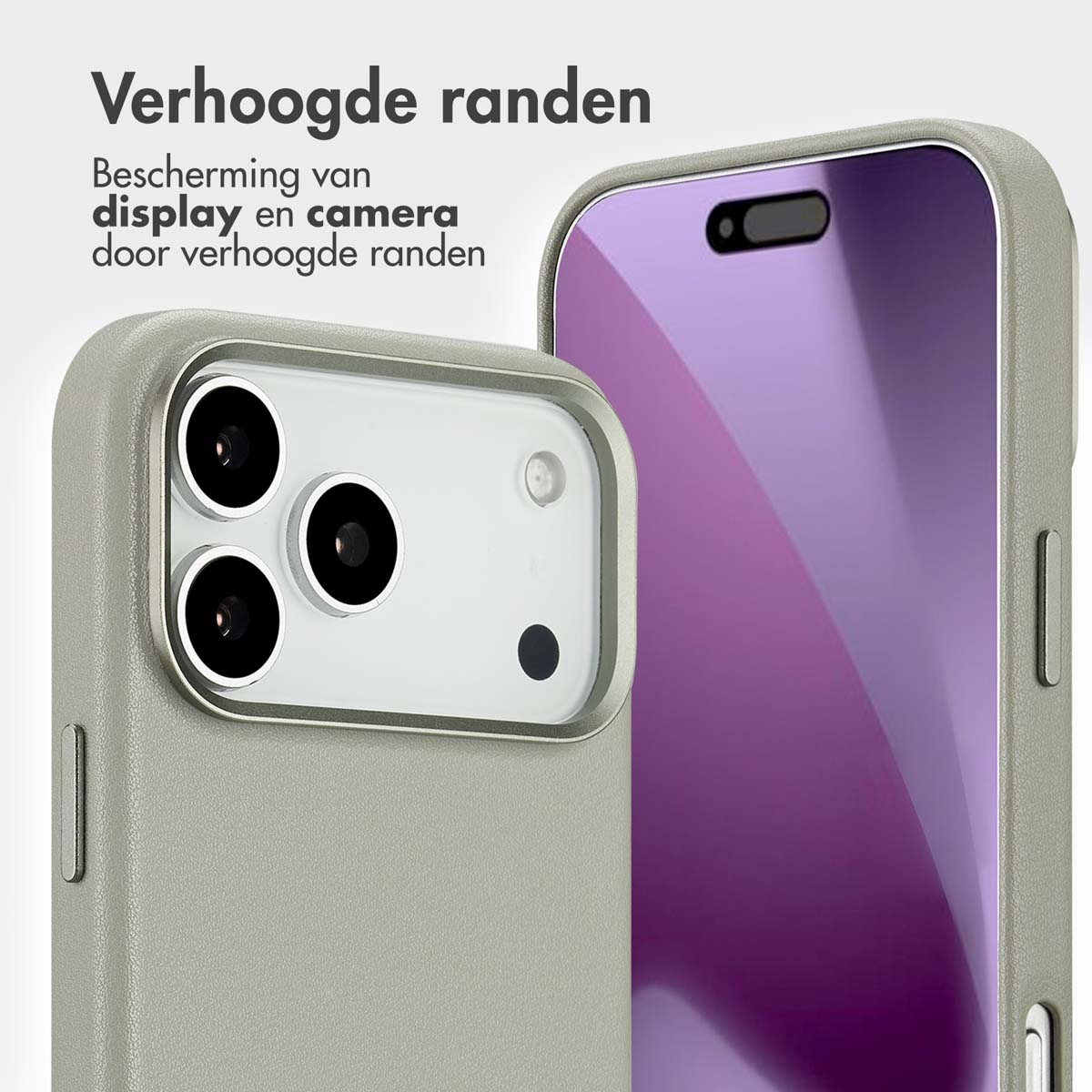 Een telefoonhoesje met verhoogde randen. De hoes is lichtgroen en beschermt het scherm en de camera van de telefoon. De achtergrond is vaag paars.
