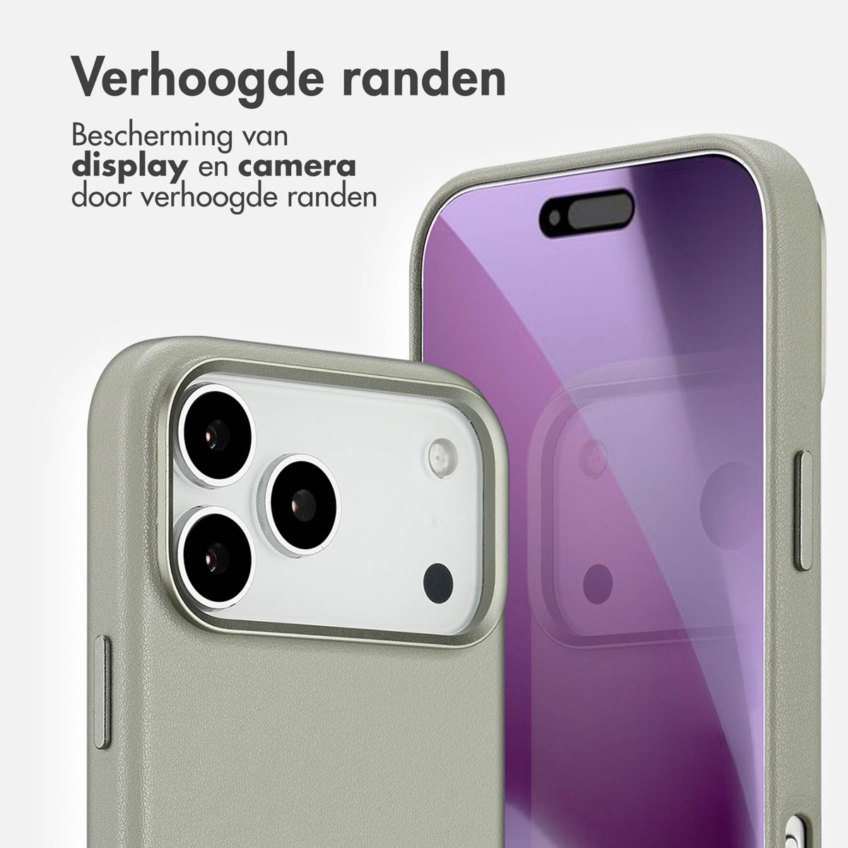 Twee telefoonhoesjes, een met een cameramodule en de andere met een scherm. Beide zijn lichtgroen. Tekst zegt: 'Verhoogde randen'.
