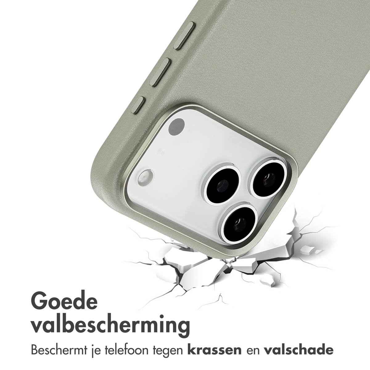 Een telefoon in een beschermhoes valt, er verschijnen scheuren op de grond. Tekst zegt 'Goede valbescherming', beschermt de telefoon.
